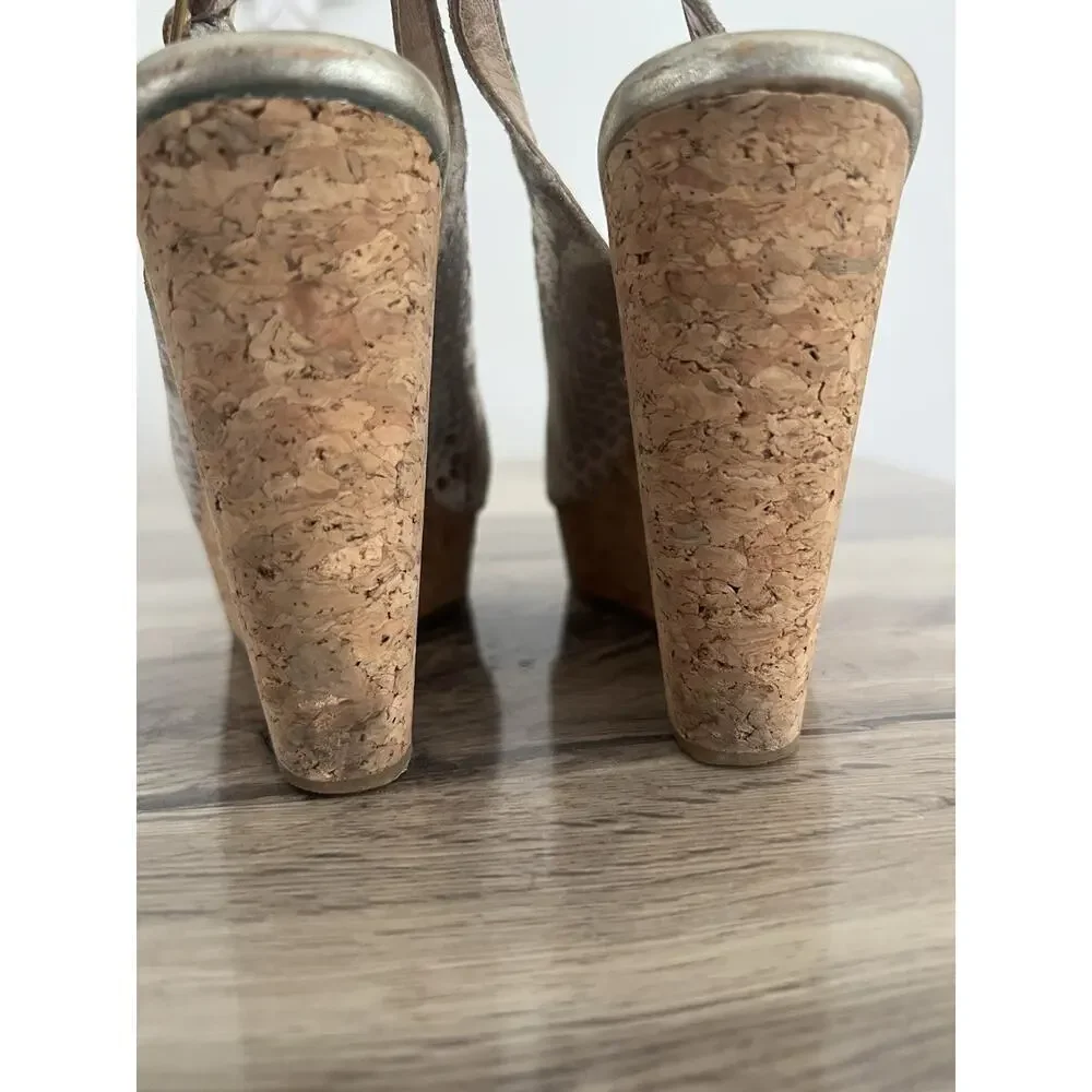 Jimmy Choo Prova Snake Print Silver Metallic Cork Wedges Heels Size 36.5